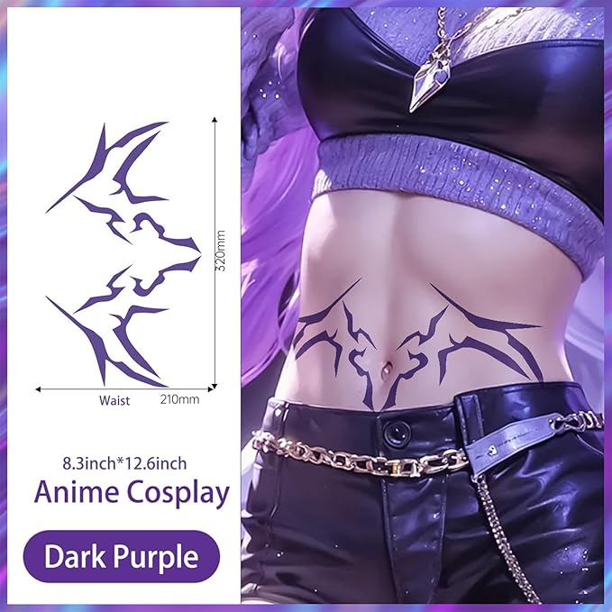Rumi Tattoos Body Set–10 Purple Pieces per Pack (1 Face, 2 Chest, 2 Upper Arm, 2 Forearm, 1 Waist, 2 Thighs Symmetrical), Temporary Body Tattoos, Waterproof & Skin-Safe (Purple, 1 Pack)