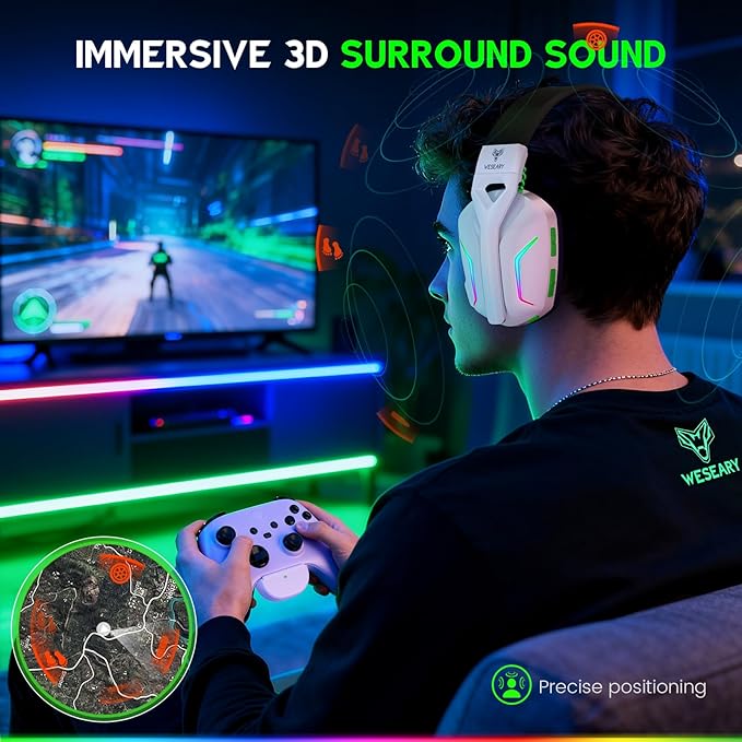 Wireless Gaming Headset for Xbox Series X|S, Xbox One, PS5, PS4, PC, Mac, Switch, 2.4GHz + Bluetooth Over-Ear Gaming Headphones with ENC Mic, 3D Stereo, Dynamic LED Lights, 50mm Drivers, 50H