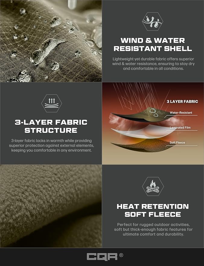 CQR Men's Tactical Softshell Jacket, Winter Warm Fleece Lined Coat, Water Resistant Outdoor Hunting Hiking Rain Windbreaker