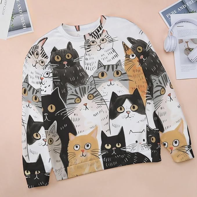 Fall Sweaters for Women 2024 Cat Print Long Sleeve Casual Crewneck Warm Fall Pullover Comfy Fashion Sweatshirts