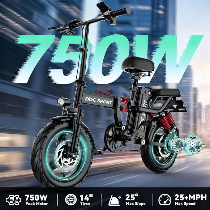 Folding Electric Bike for Adults, Peak 750W Motor 25MPH, 48V 20Ah Removable Battery 55Miles Ebike,14'' Lightweight Adults Electric Bicycles for Men/Women/Teens, Full Suspension, UL Certified