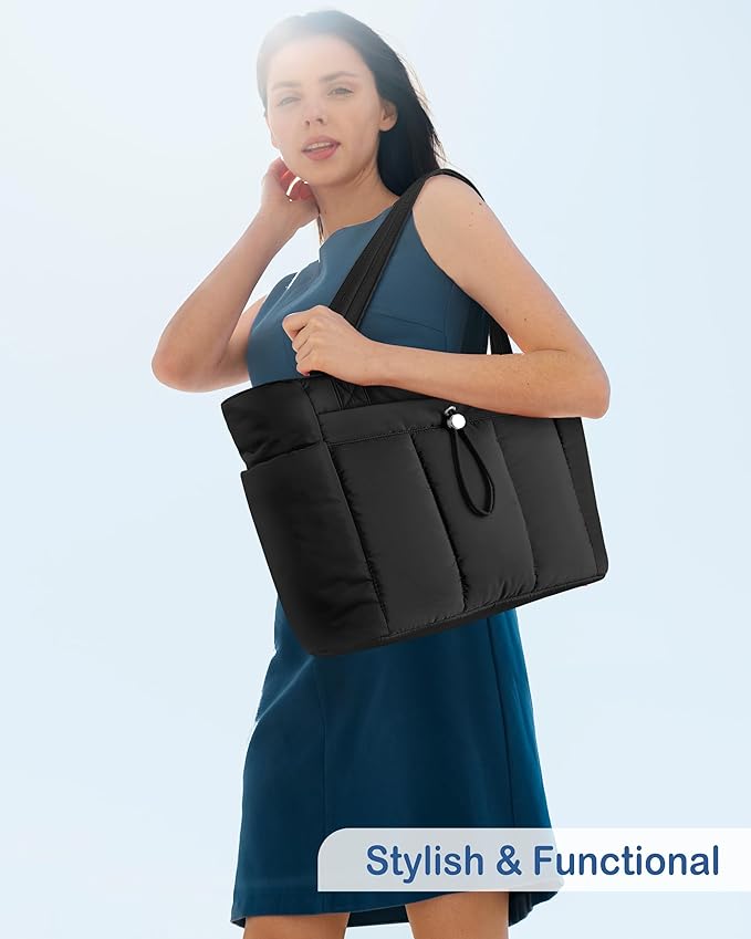 TOPDesign Puffy Tote Bag for Women with Cup Holder & Laptop Compartment & Cosmetic Bag & Trolley Sleeve for Work, Travel