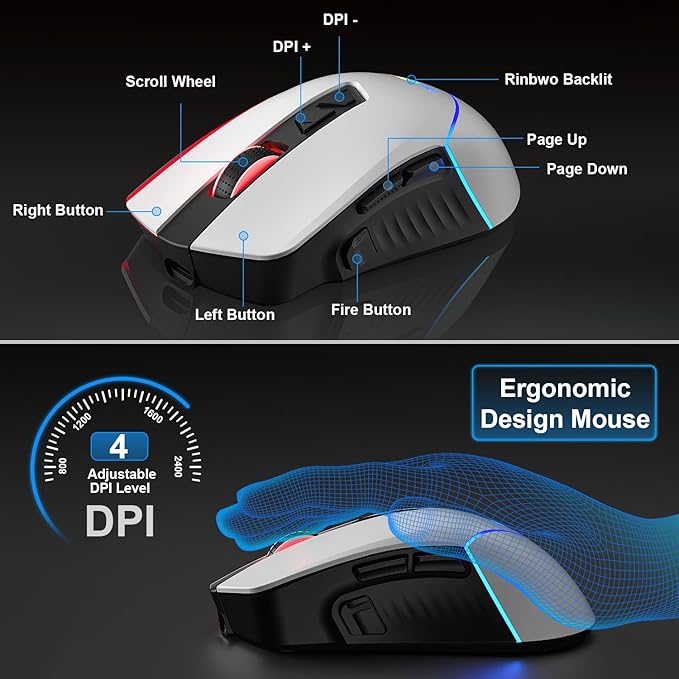 BlueFinger Wireless Gaming Keyboard and Mouse Combo, RGB Rainbow Backlit Rechargeable Battery, 87 Keys TKL Light Up Keyboard with Ergonomic Gaming Mouse for Mac Laptop Computer PC Gamer(White & Black)