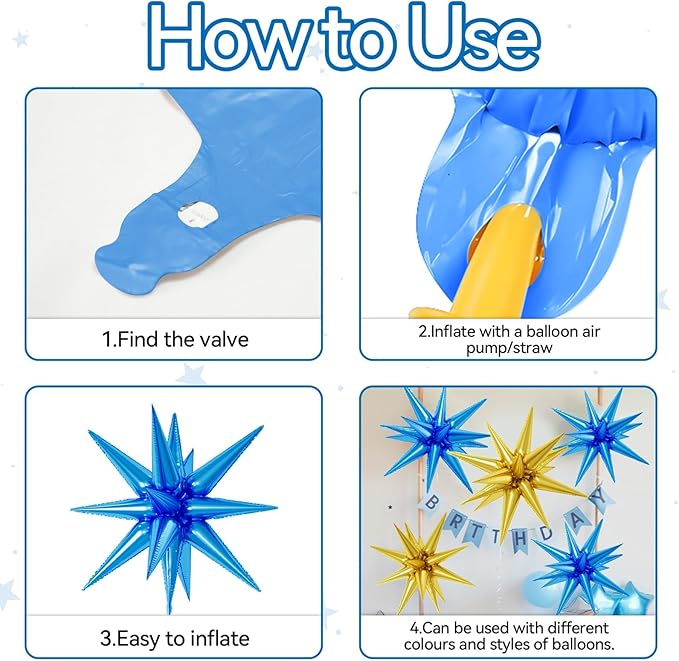 6PCS Star Balloons, 22Inch Large Blue Gold Star Balloon Explosion Foil Balloons Cone Spike Balloon for Birthday Graduation Wedding Anniversary Party Backdrops Decorations