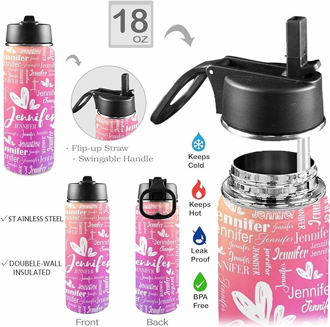 VIPOPSA Custom Girls Insulated Water Bottle,Kids School Customized Water Bottles With Straw Lid Gifts For Girls Boys 18oz