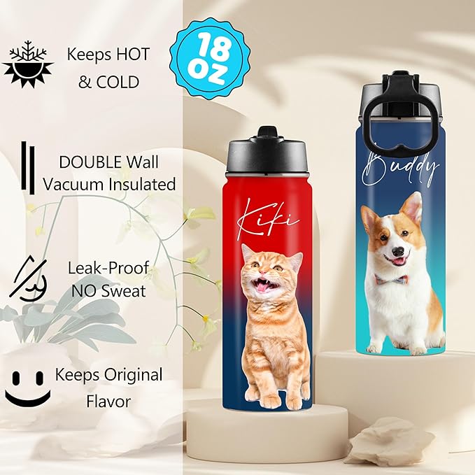Personalized Photo Water Bottles, 18oz/32oz Custom Pictures Stainless Steel Insulated Sport Water Bottle with Straw Lid & Handle, Customized Cup Gifts for Men Women Birthday Anniversary Christmas