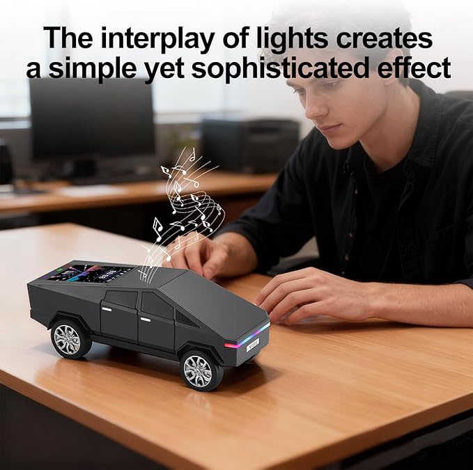 Futuristic Pickup Truck Replica Bluetooth Speaker with LED Display Screen – TWS Stereo, FM, USB/TF Playback, LED Lights, Built-in Mic, Gift for Car Lovers & Tech Fans (Black)