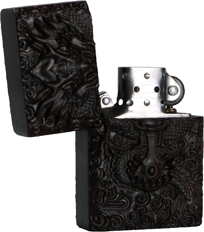 Natural Ebony Black Wood Carved Lighter Shell Box For Zippo Module (Dragon)