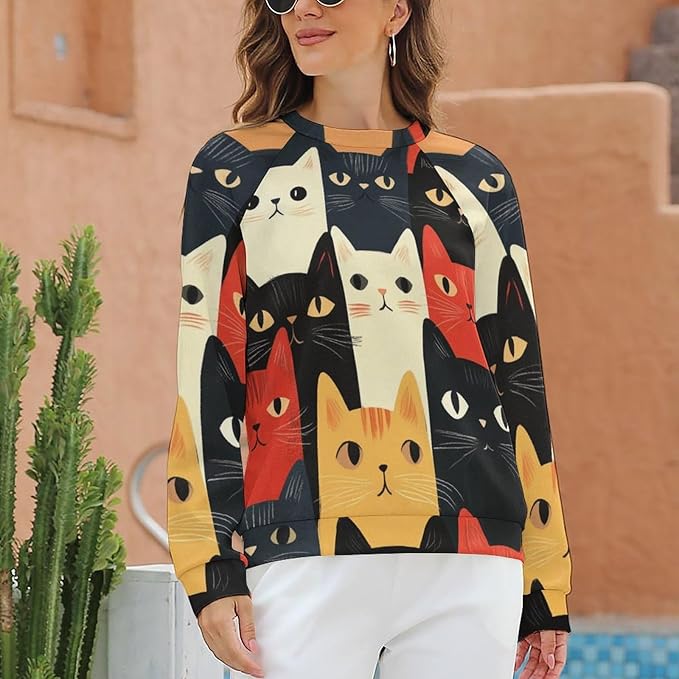 Fall Sweaters for Women 2024 Cat Print Long Sleeve Casual Crewneck Warm Fall Pullover Comfy Fashion Sweatshirts