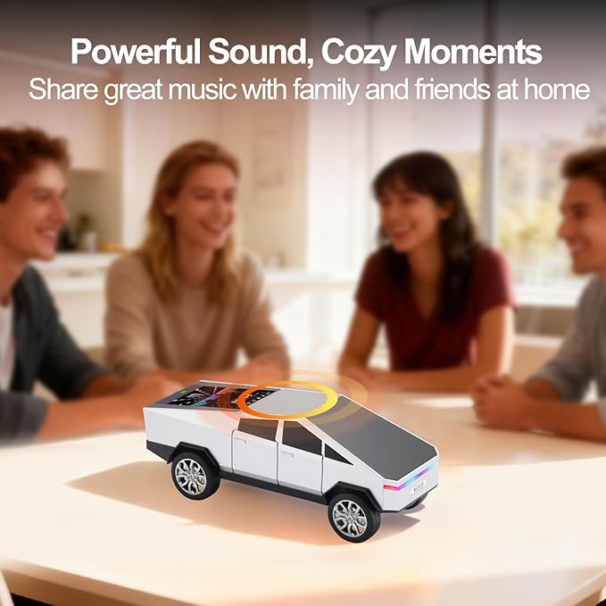 Futuristic Pickup Truck Replica Bluetooth Speaker with LED Display Screen – TWS Stereo, FM, USB/TF Playback, LED Lights, Built-in Mic, Gift for Car Lovers & Tech Fans (Silver)
