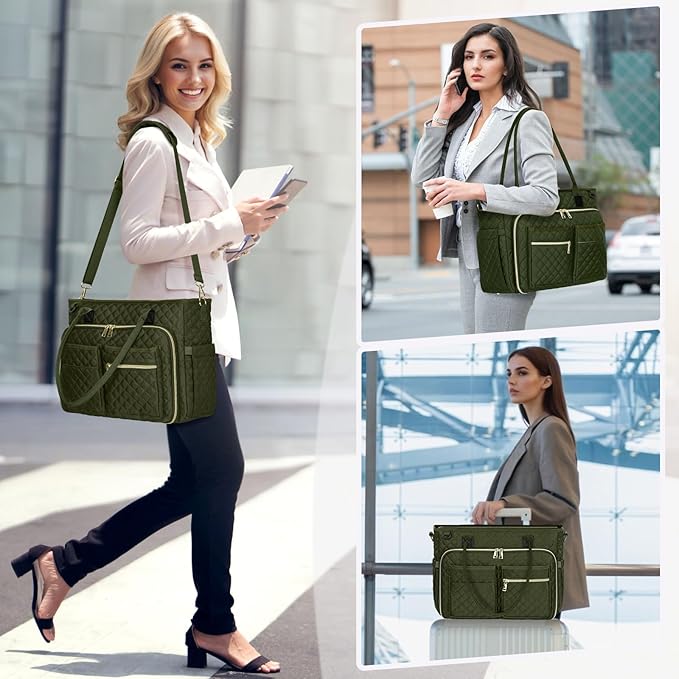 RAINSMORE Teacher Tote Bag 15.6 inch Laptop Bag for Women Work Bags Laptop Tote Nurse Bag Professional Computer Messenger with Insulated Pocket, Laptop Briefcase for Office, College, Olive Green