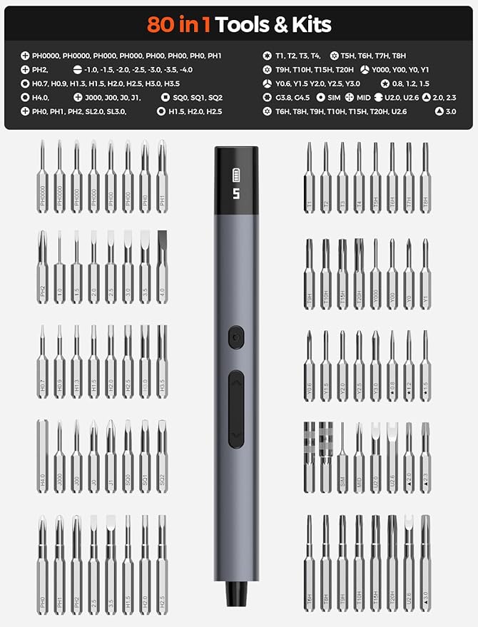 Electric Screwdriver Set, 80-in-1 Mini Electric Precision Screwdriver Cordless with 5 Torque Levels, Max 0.75N.m, 500mAh Battery, Small Power Screwdriver Kit for Laptop, Phone & Electronics Repair