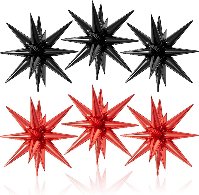 6PCS Black Red Star Balloons, 22Inch Large Star Balloon Explosion Foil Balloons Cone Spike Balloon for Birthday Graduation Festival Film Casino New Year Party Decorations