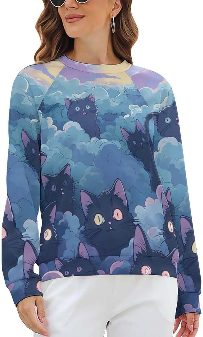 Long Sleeve Shirt Women Fall Cat Print Funny Hide Belly Vacation Plus Size Ladies Hippie Dressy Sweaters