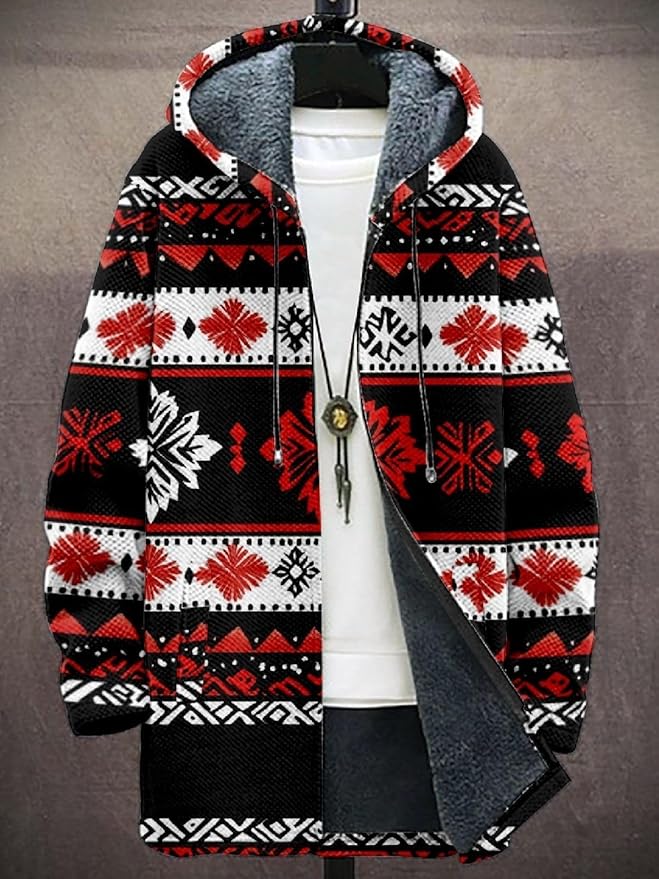 2025 Men's Ethnic Pattern Hooded Jacket Long Cardigan Hoodies Full Zip Vintage Knitted Zipper Coat with Pocket