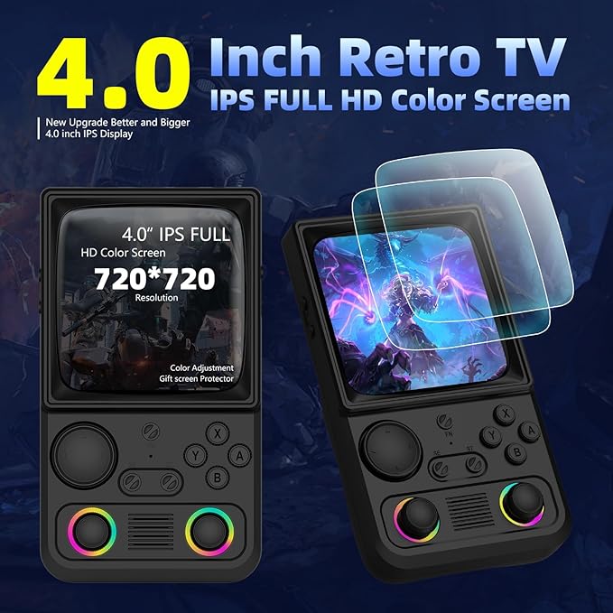 R36TMAX Retro Handheld Game Console, 4.0'' 720x720 IPS Screen, Open Source System, 64G Built-in 18000+ Classic Games, Supports WiFi Networked Fighting and OTG, 4000mAh, with Portable Case (White 64GB)