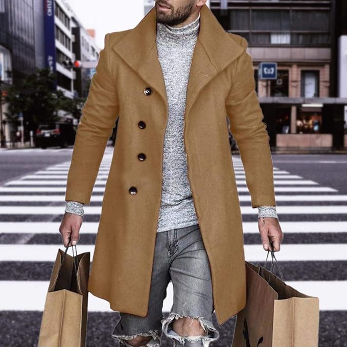 Men's Plaid Long Trench Coat Mid - Length Lapel Collar Button Down Warm Overcoat for Winter & Autumn Fashion