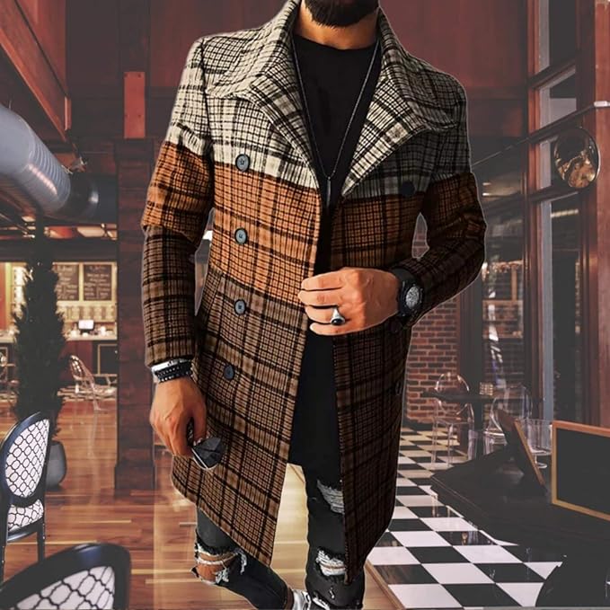 Men's Plaid Long Trench Coat Mid - Length Lapel Collar Button Down Warm Overcoat for Winter & Autumn Fashion