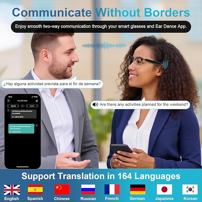 AI Smart Glasses, Bluetooth Audio Glasses with Real-Time Translator for 164 Languages, No Subscription for APP, Photochromic Lens, Spring Hinges, Bluetooth Glasses for Travel/Work/Study(Silver)