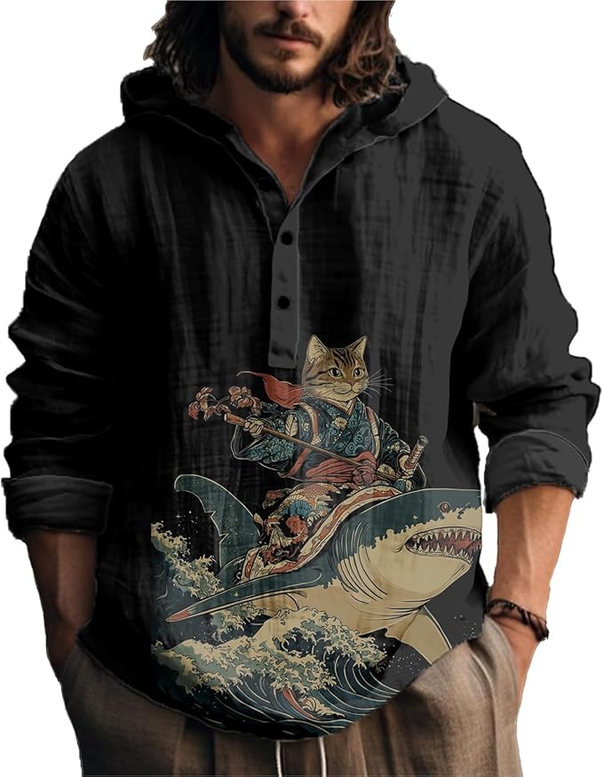 MARSVOVO Mens Japanese Art Long Sleeve Hooded Shirts Lightweight Quarter Button Hoodie Casual Cool Tops for Spring Fall