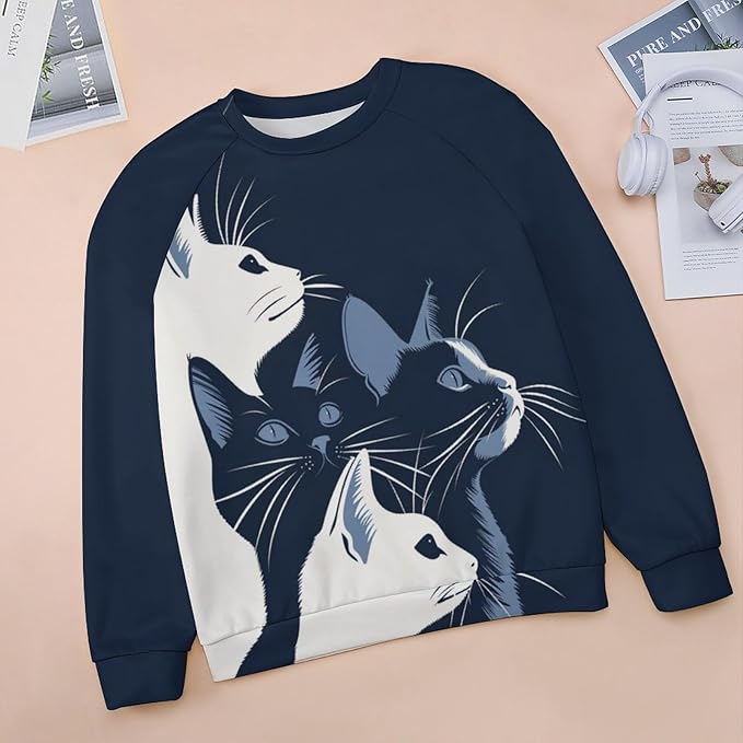 Fall Sweaters for Women 2024 Cat Print Long Sleeve Casual Crewneck Warm Fall Pullover Comfy Fashion Sweatshirts