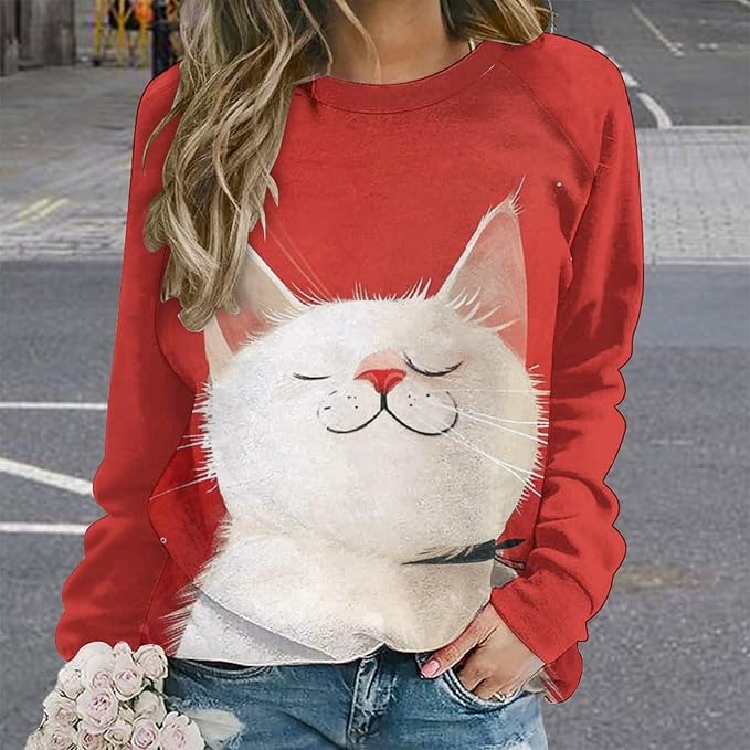 Long Sleeve Shirts for Women Cat Printed Fall Winter Dressy Holiday Casual Fashion Crewneck Tunic Tee Shirts