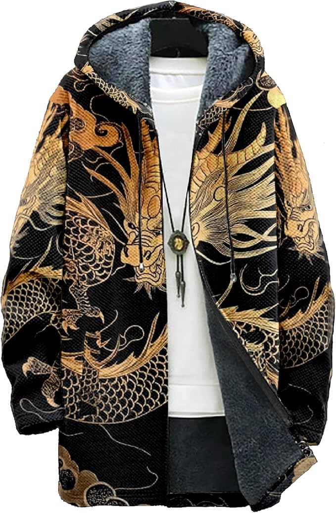 Mens Hooded Cardigan Japanese Art Zip Up Long Sleeve Sweater Hoodie Dragon Print Coat with Pockets