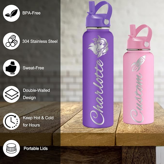Custom Water Bottle 12/18/24/32/40oz Personalized Water Bottles for Kids Engraved Name Personalized Stainless Steel Water Bottles with Straw Lid