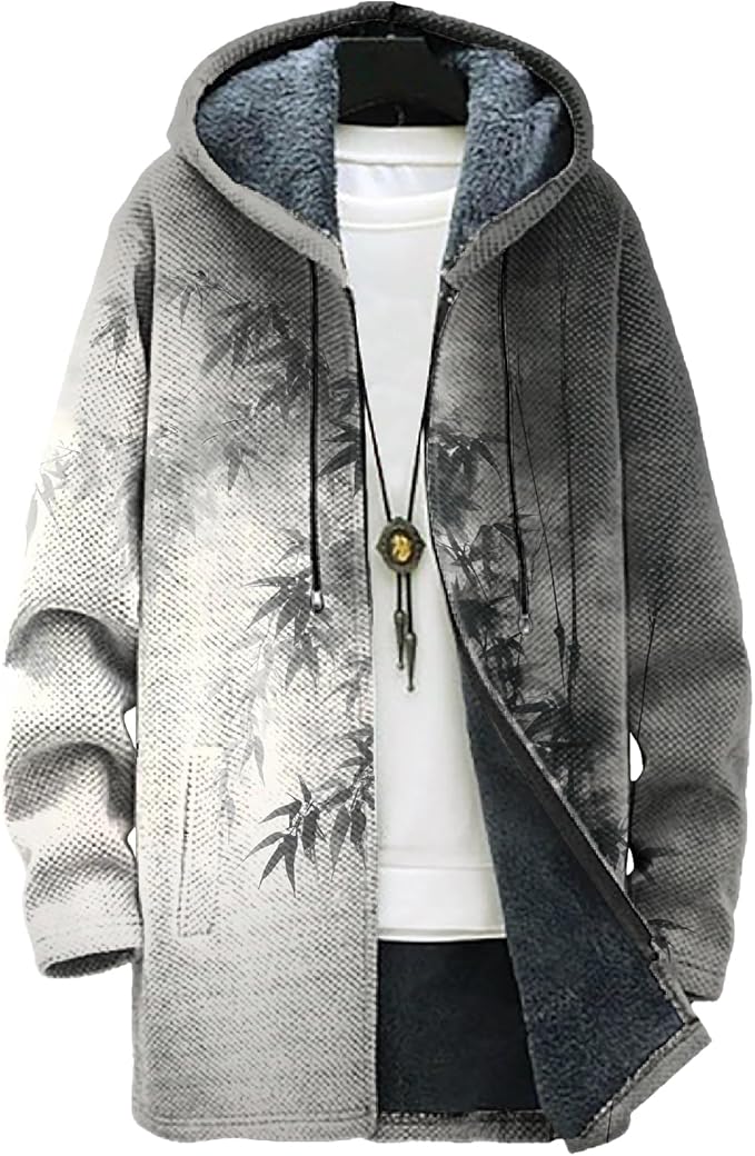 MARSVOVO Long Hooded Cardigan Men Japanese Art Style Fashion Cool Graphic Streetwear Winter Warm Lined Fleece Jacket