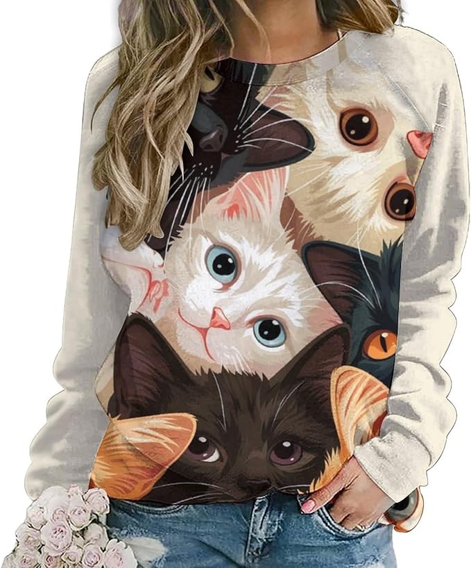 Long Sleeve Shirt Women Fall Cat Print Funny Hide Belly Vacation Plus Size Ladies Hippie Dressy Sweaters