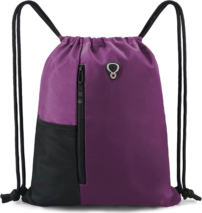BeeGreen Purple Drawstring Backpack Gym Bag For Men & Women – Sports Sackpack with Mesh Water Bottle Holder & 2 Zippered Pockets – Large 16x20 Inch Cinch String Backpack