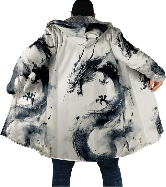 Mens Hooded Cardigan Japanese Art Zip Up Long Sleeve Sweater Hoodie Dragon Print Coat with Pockets