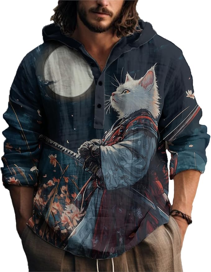 MARSVOVO Mens Japanese Art Long Sleeve Hooded Shirts Lightweight Quarter Button Hoodie Casual Cool Tops for Spring Fall