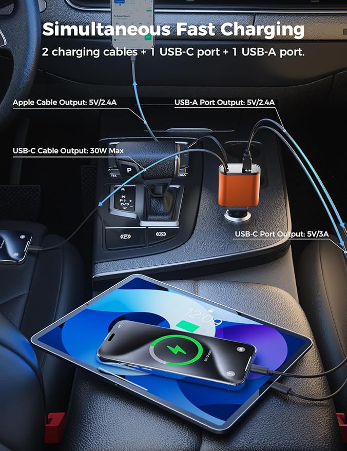 【Upgraded】 SUPERONE Retractable Car Charger 4 in 1, Fast Car Phone Charger with Cord 2.6ft, USB C and Apple Car Charger Adapter, Compatible with iPhone 17/16/15/15 Pro Max/14/13/12/11, Galaxy, Pixel