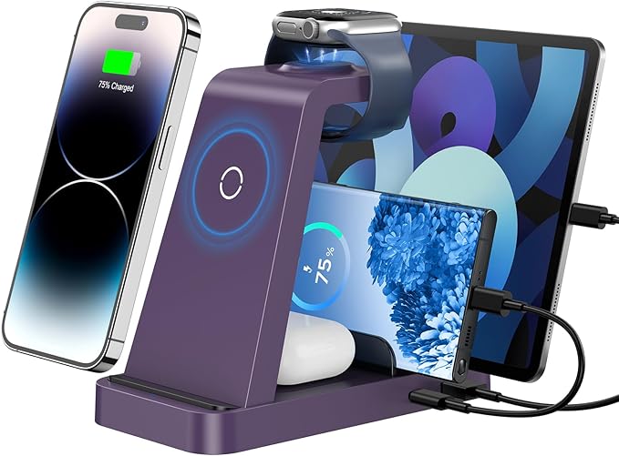 Wireless Charger for iPhone - 5 in 1 Charging Station for Multiple Devices Apple: Fast Wireless Charging Stand Dock for iPhone 17 16e 16 15 14 13 12 Pro Max Apple Watch Airpods (Purple)