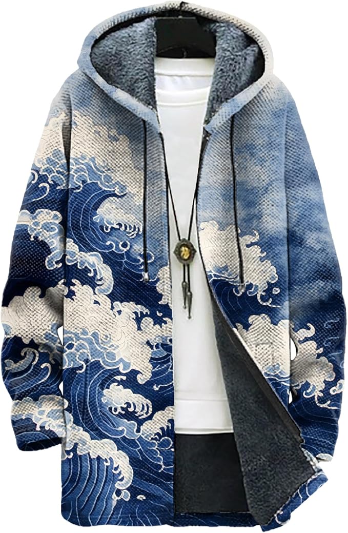MARSVOVO Long Hooded Cardigan Men Japanese Art Style Fashion Cool Graphic Streetwear Winter Warm Lined Fleece Jacket