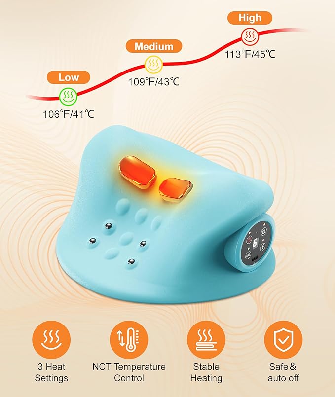 Ringco Neck Massager Pillow with 3 Level Heating & Vibration Adjustable, Heated Neck Stretcher with 6 Modes, Rechargeable Cervical Traction Device for Pain Relief & Muscle Relaxation (Light Blue)