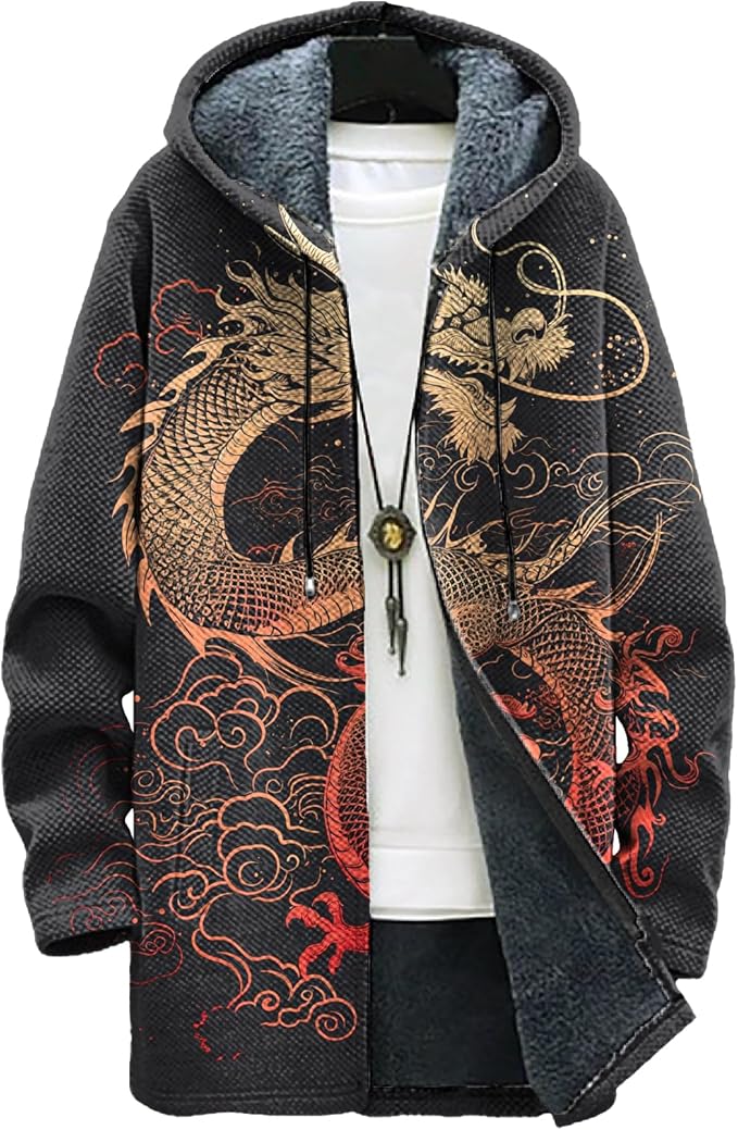 MARSVOVO Long Hooded Cardigan Men Japanese Art Style Fashion Cool Graphic Streetwear Winter Warm Lined Fleece Jacket