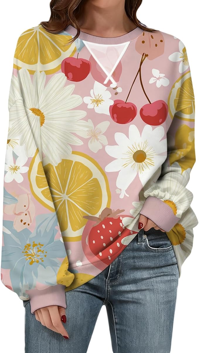 Womens Sweatshirts Fahsion Floral Print Long Sleeve Comfy Fall Tops Oversized Casual Crewneck Pullover Shirts