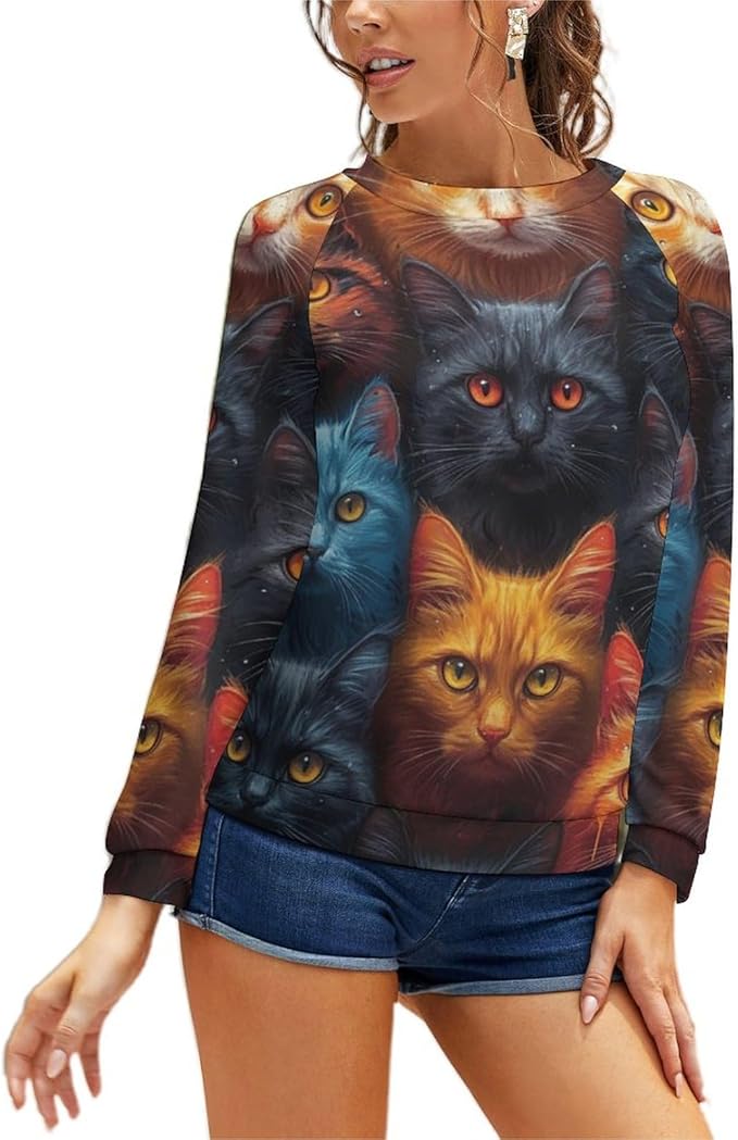 Long Sleeve Shirt Women Fall Cat Print Funny Hide Belly Vacation Plus Size Ladies Hippie Dressy Sweaters