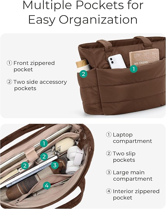 BAGSMART Tote Bag for Women, Lightweight Puffy Tote Bag with Compartments Shoulder Bag Handbag for Travel, Work, Gym | Puffy, Lightweight, for Travel, Quilted, Tote Bag with Compartments, Work