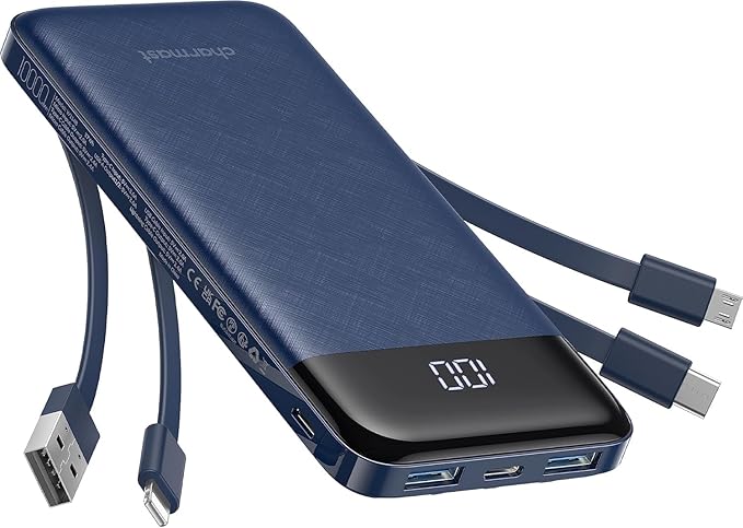 charmast Portable Charger with Built in Cables, Power Bank with Cords Wires, Slim 10000mAh Travel Battery Pack 6 Outputs 3 Inputs 3A Fast Charging for Samsung Google Pixel LG Moto iPhone iPad