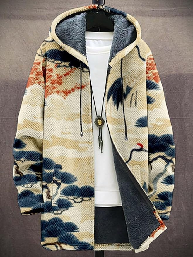 2025 Men's Ethnic Pattern Hooded Jacket Long Cardigan Hoodies Full Zip Vintage Knitted Zipper Coat with Pocket