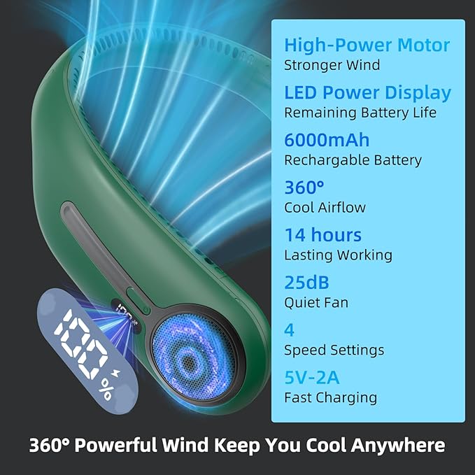 Portable Neck Fan,Hands Free Personal Wearable Bladeless Fan,6000mAh USB Rechargeable,360° Cooling,LED Display,4-Speeds,Birthday Gifts for Men Women Dad Mom,Christmas Gifts (Dark green)