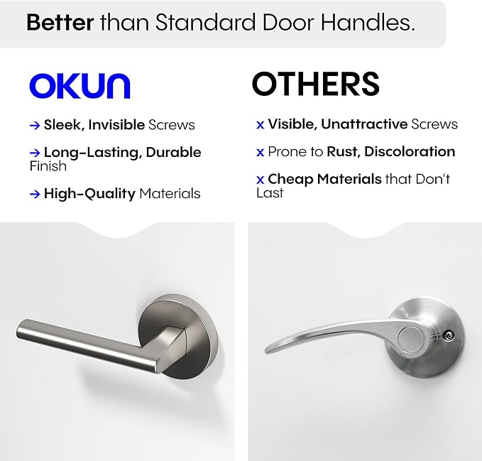 Okun Brio 2-Pack Brushed Nickel Passage Door Levers – Reversible Non-Locking Interior Handles with Sleek Concealed-Mount Design for Hallways & Closets