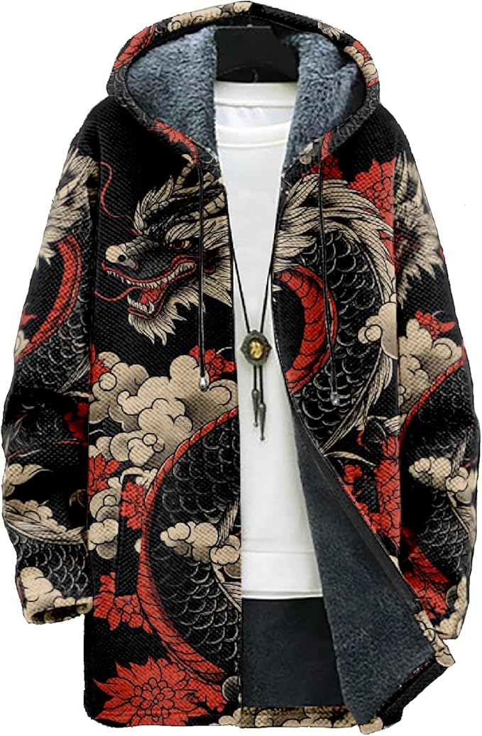 Mens Hooded Cardigan Japanese Art Zip Up Long Sleeve Sweater Hoodie Dragon Print Coat with Pockets