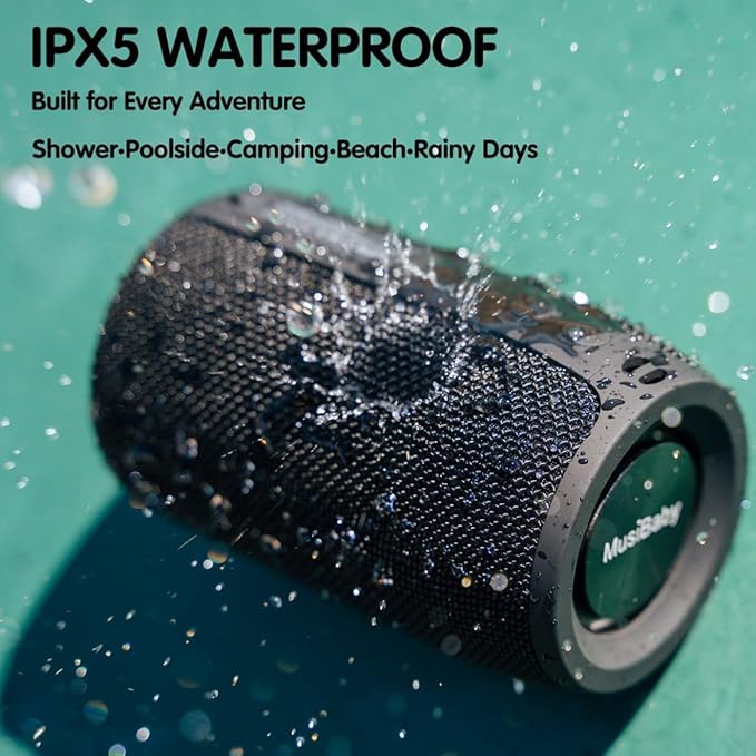 MusiBaby M68 Portable Bluetooth Speakers – Wireless, Waterproof, Dual Pairing, Deep Bass, Small & Loud with 24H+ Playtime – Outdoor Travel, Beach, Camping, Party, Gifts for Men Women (Black)