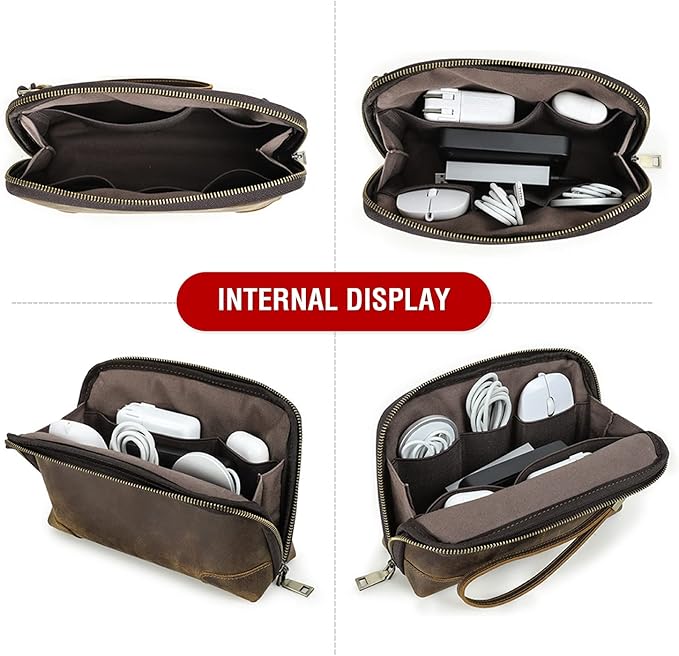 Electronic Organizer Zipper Bag Tech Pouch, Top Grain Leather Handmade, Portable Compact Travel Storage Cases Fits Apple Accessories, Phone, USB Cables, Power Banks, Chargers, Hard Drive
