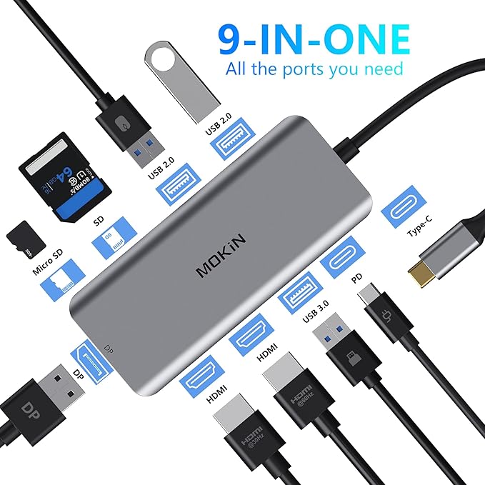 Docking Station, USB C Adapter, 9 in 1 Triple Display Multiport Dongle with 2 HDMI 4K, DisplayPort, 3 USB, 100W PD, SD/TF Card Reader for MacBook Pro Air Type C Laptops