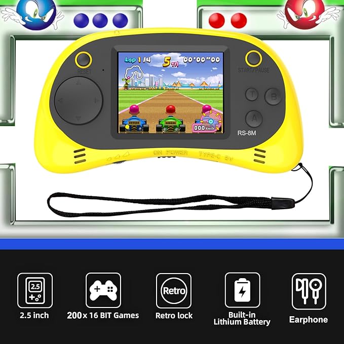 EASEGMER 16 Bit Kids Handheld Games Built-in 220 HD Video Games, 2.5 Inch Portable Game Player with Headphones - Best Travel Electronic Toys for Kids Age 3-10 Years Old Children (Yellow)